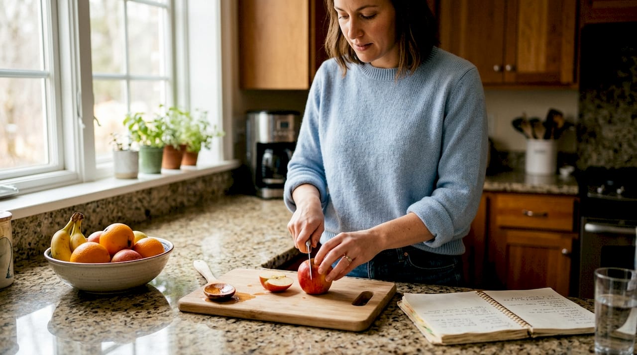 Woman preparing fresh fruit snack in kitchen
