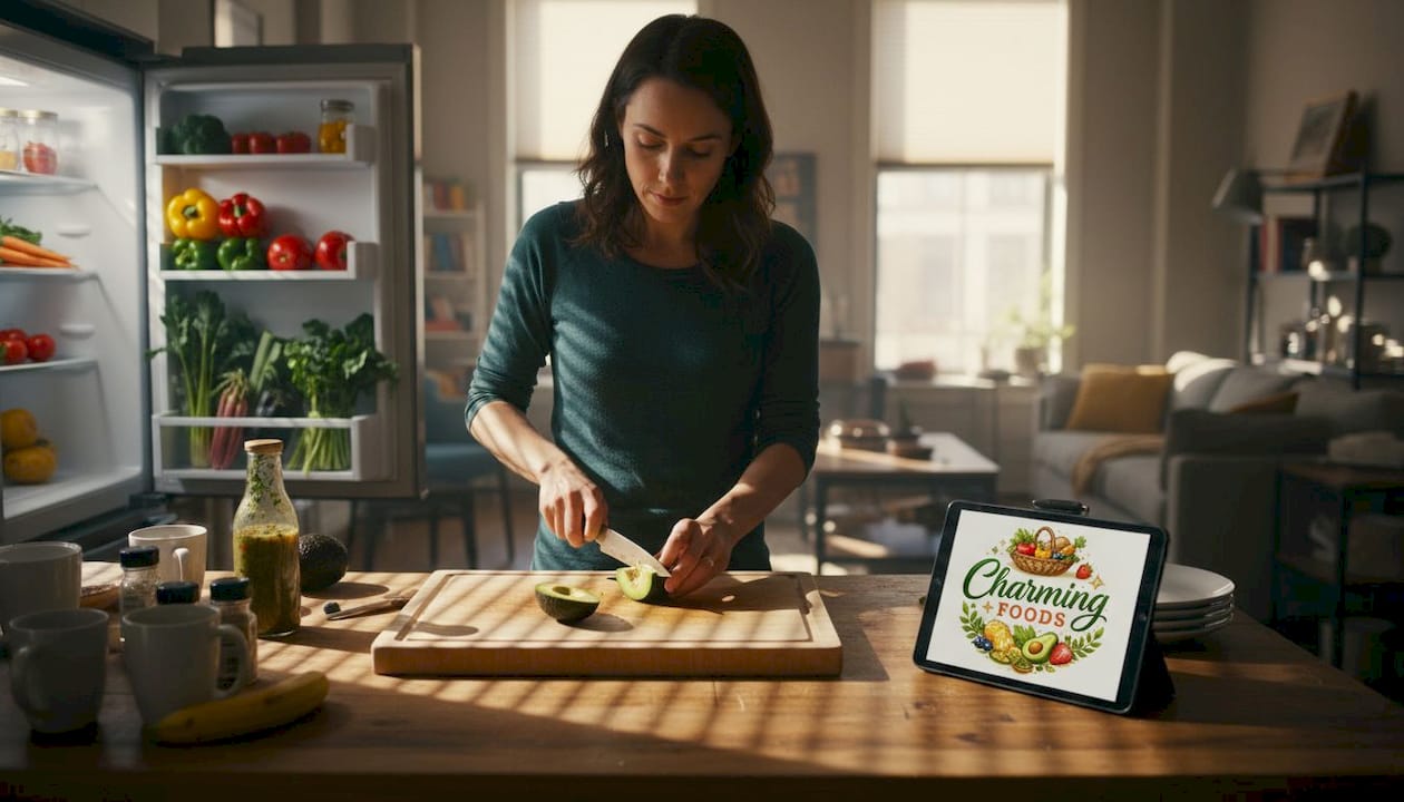 Woman prepping raw vegetables in home kitchen
