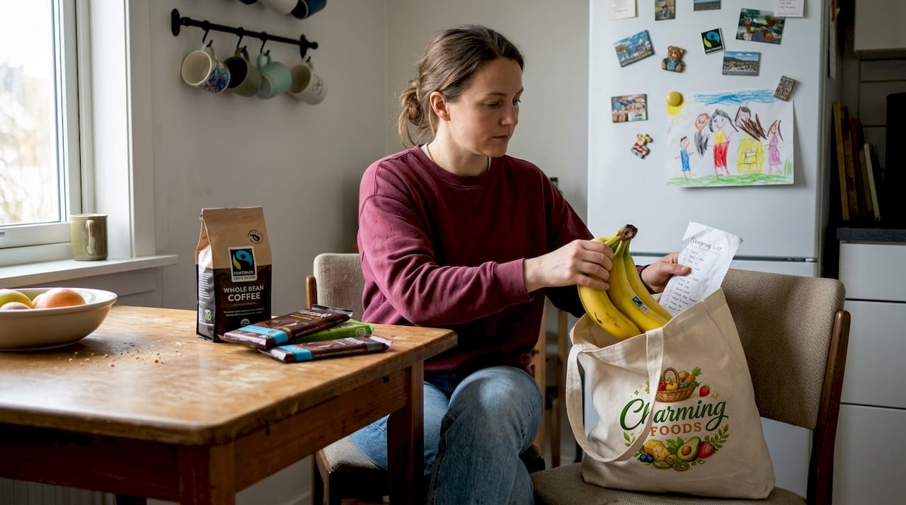 Woman unpacking fair trade groceries at kitchen table