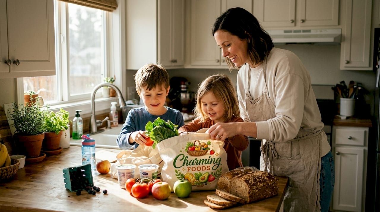 Family unpacking organic groceries in kitchen