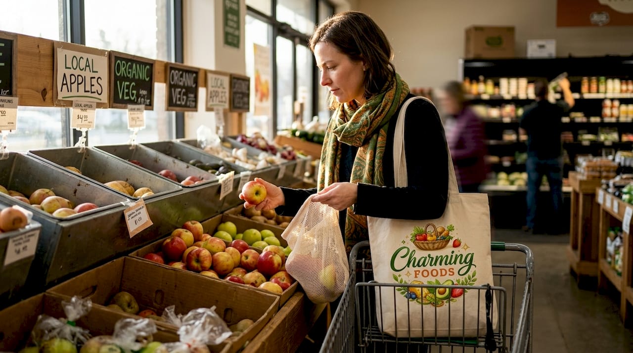 Woman using reusable bags grocery shopping