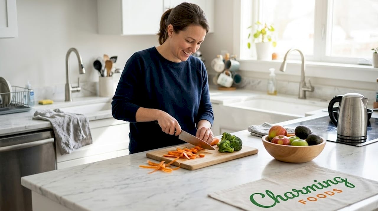 Woman chopping fresh vegetables at kitchen island