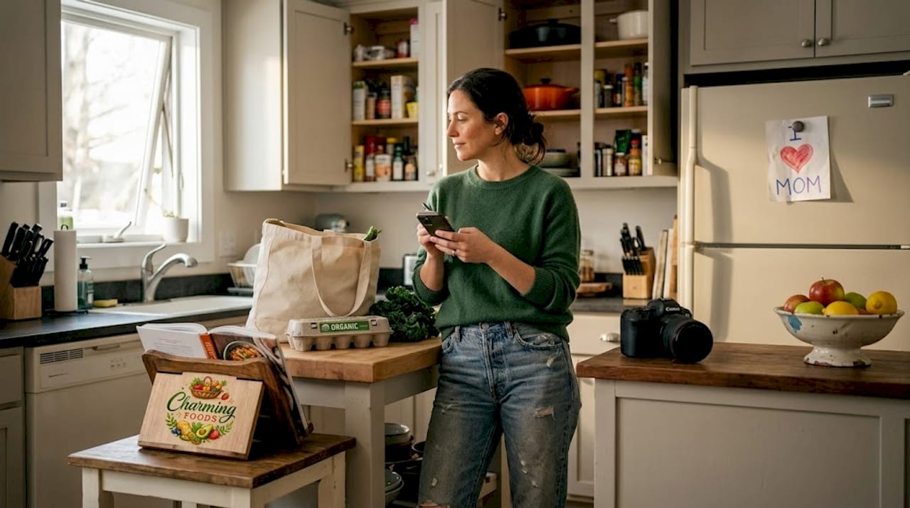 Mom making organic grocery list in kitchen
