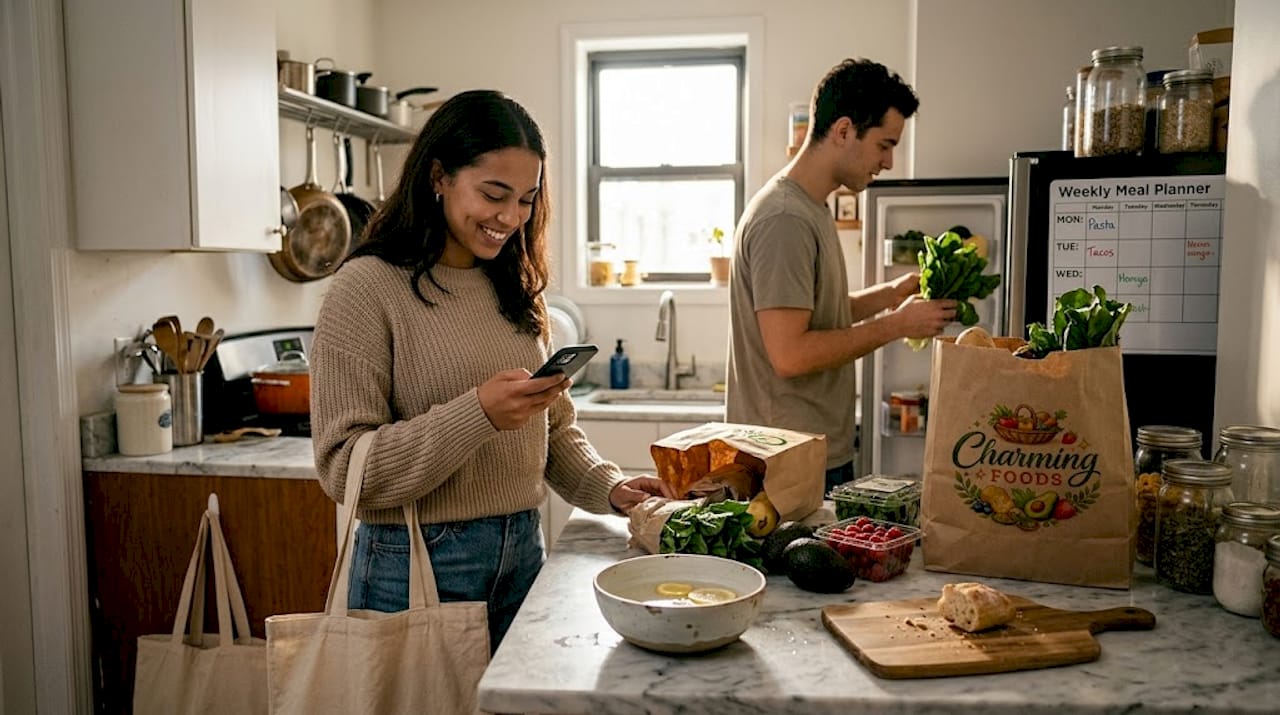 Couple organizes organic groceries in kitchen