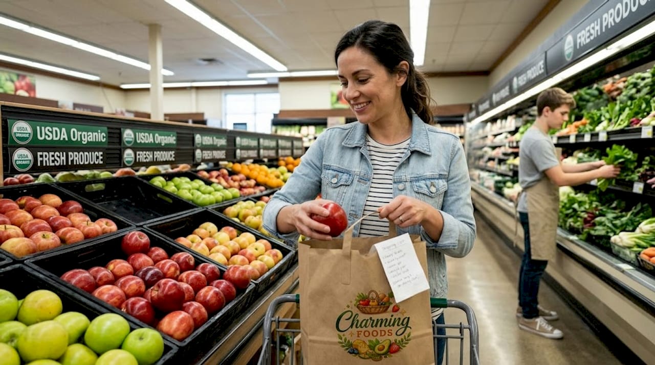 Shopper selecting organic produce in grocery aisle