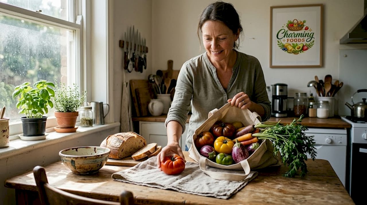 Unpacking heirloom vegetables on kitchen table