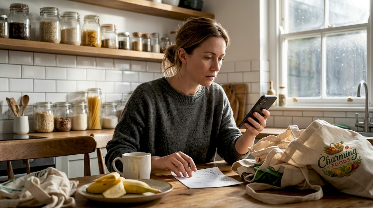 Woman prepping organic grocery list in kitchen