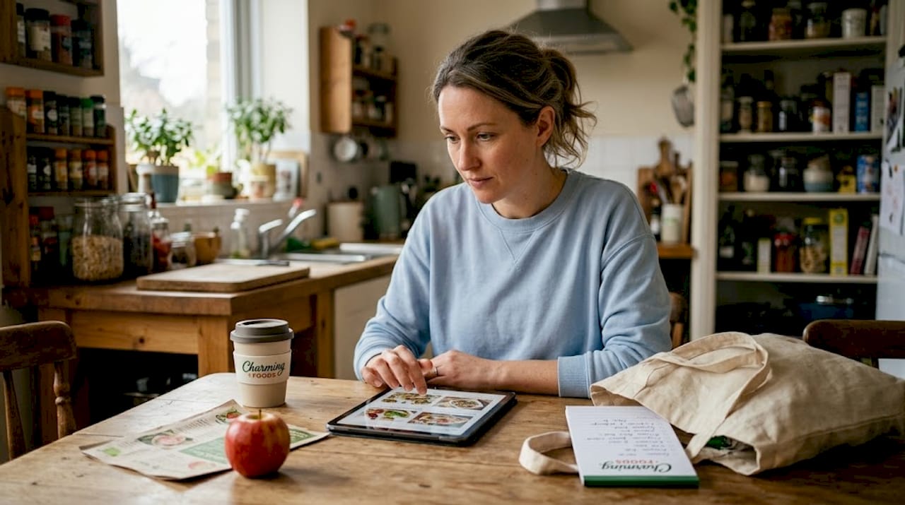 Woman shopping organic food online at kitchen table